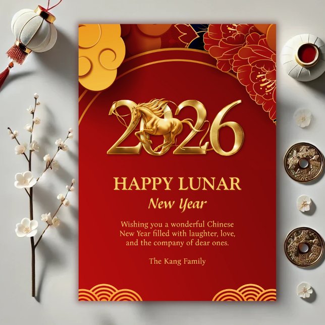 Tarjeta Festiva El oro rojo moderno 2026 Año nuevo chino del cabal (Red Gold Modern 2026 Horse Chinese Lunar New Year Holiday Card)