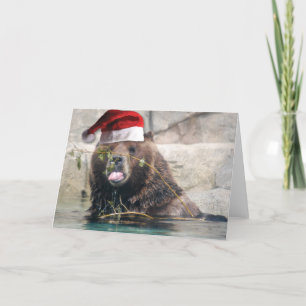 Tarjeta Festiva El oso pardo con Santa Hat