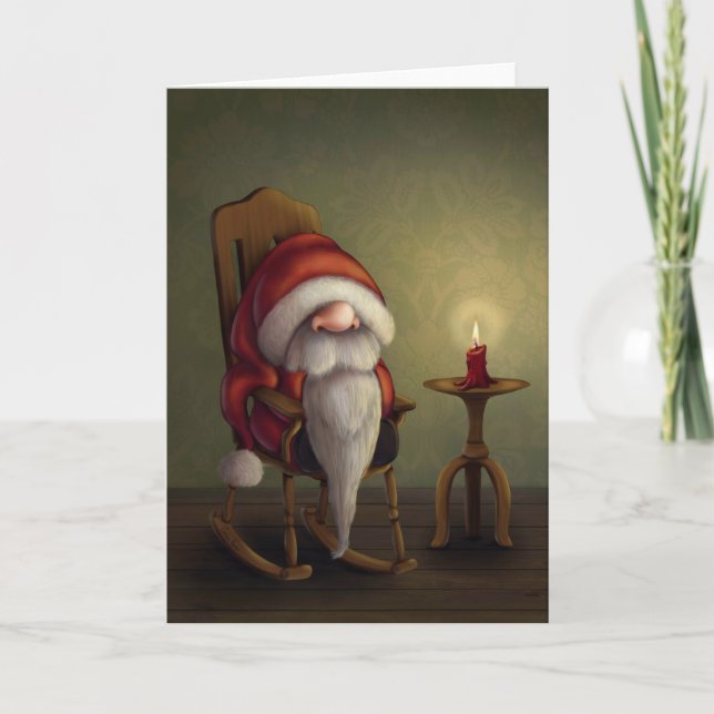 Tarjeta Festiva El pequeño Santa en su mecedora (Anverso)
