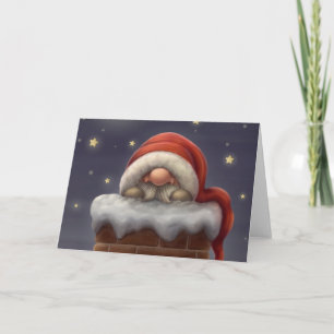 Tarjeta Festiva El pequeño Santa en una chimenea