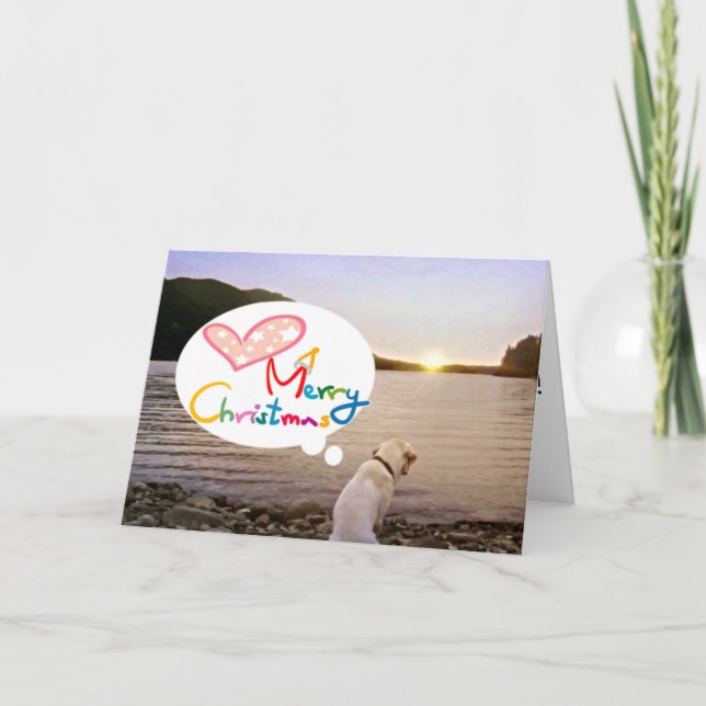 TARJETA FESTIVA EL PERRO EN LA PLAYA ESTÁ DESEANDO UNA "FELIZ NAVI (Anverso)