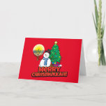 Tarjeta Festiva  El personalizado Red Merry Chrismukkah Snowman co<br><div class="desc">Feliz Chrismukkah con un divertido muñeco de nieve, menorah y árbol de Navidad en un fondo rojo. Cambie el texto a cualquier saludo que funcione para usted haciendo clic en Personalizar esto arriba. Si fusionas las festividades, o conoces a alguien que celebra tanto a Hanukkah como a Navidades, entonces mándales...</div>