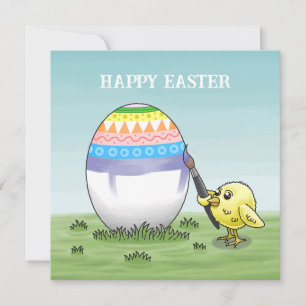 Tarjeta Festiva El pollito de Pascua está pintando un huevo de Pas