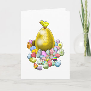 Tarjeta Festiva El pollito de Pascua y el huevo de Pascua dorado