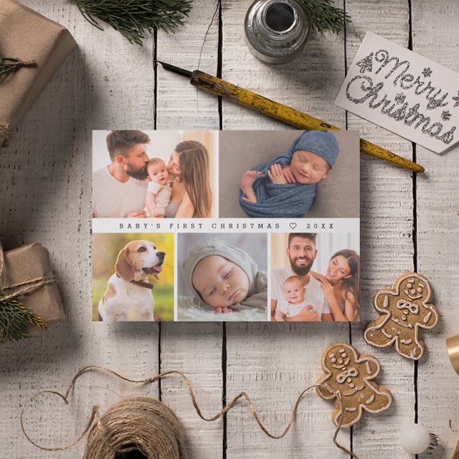 Tarjeta Festiva El primer Collage de fotos moderno navideño del be (Baby's first Christmas, newborn photography custom family holiday card.)