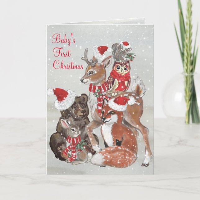 Tarjeta Festiva El primer Personalizado de Nieve Animal de Woodlan (Anverso)