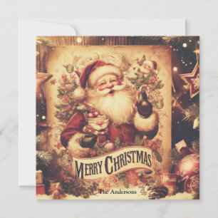Tarjeta Festiva El retro nostálgico Santa Claus sonriendo colores 