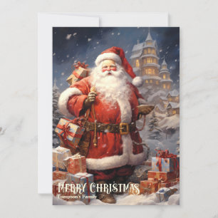 Tarjeta Festiva El retro vintage de Santa Claus con regalos de Nav
