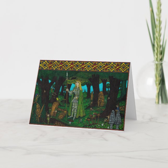 Tarjeta Festiva El rey del muérdago, lanza del muérdago (duende) (Anverso)