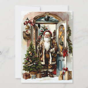 Tarjeta Festiva El viejo Papá Noel en la puerta