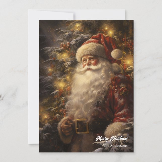 Tarjeta Festiva El viejo Papá Noel en un bosque nevado (Anverso)