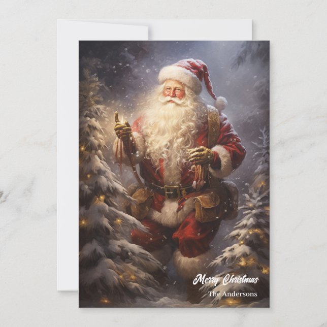 Tarjeta Festiva El viejo Papá Noel en un bosque nevado (Anverso)