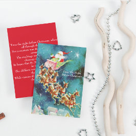 Tarjeta Festiva El Viejo Santa Claus Volando Renos Sobre Las Casas