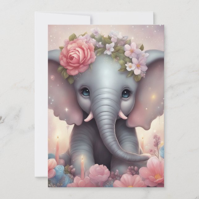 Tarjeta Festiva Elefante bebé adorable con flores (Anverso)