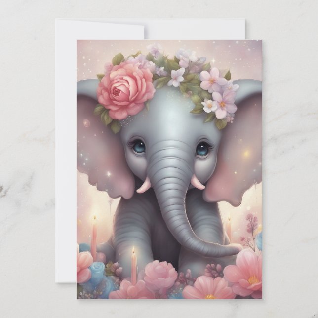 Tarjeta Festiva Elefante bebé adorable con flores (Anverso)