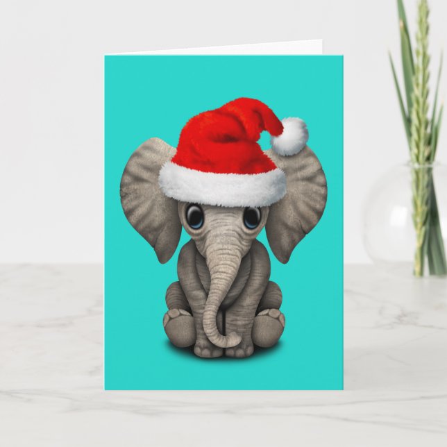 Tarjeta Festiva Elefante bebé usando un sombrero de Santa (Anverso)