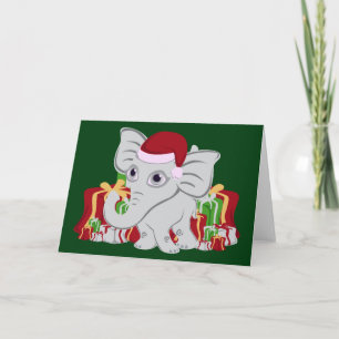 Tarjeta Festiva Elefante Blanco Bebé En Sombrero Santa Con Present