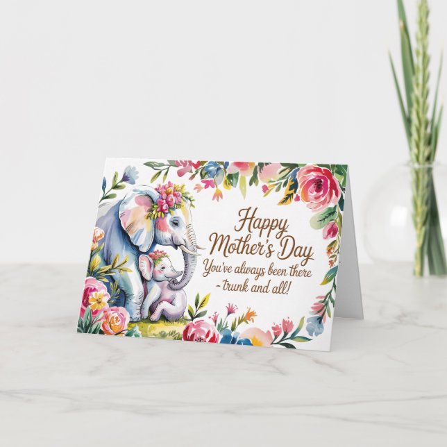 Tarjeta Festiva Elefante caprichoso Día de la Madre Arte floral (Anverso)