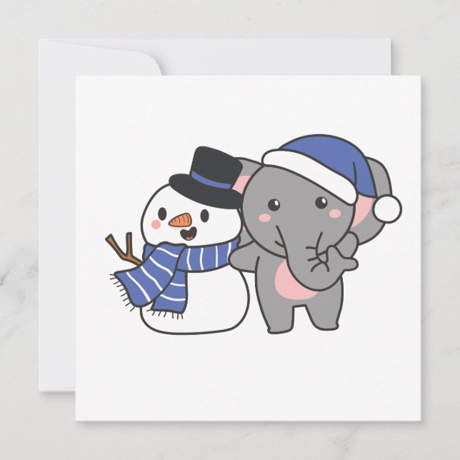 Tarjeta Festiva Elefante Con Snowman En Invierno Para Navidades (Anverso)