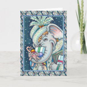 TARJETA FESTIVA ELEFANTE DE NAVIDAD, TROMPA LLENA DE REGALOS Y BUE