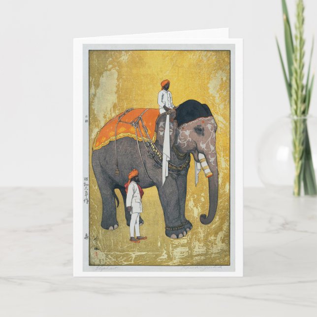 Tarjeta Festiva Elefante, Hiroshi Yoshida, Woodcut (Anverso)