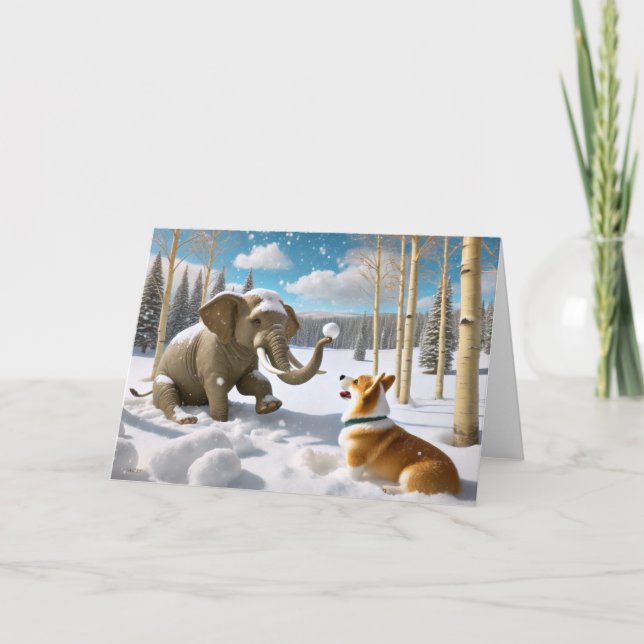 TARJETA FESTIVA ELEFANTE INVIERNO - CORGI SNOWBALL FIGHT (Anverso)