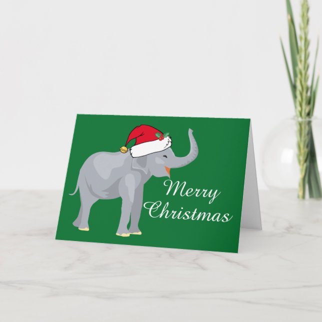 Tarjeta Festiva Elefante Santa Hat Green (Anverso)