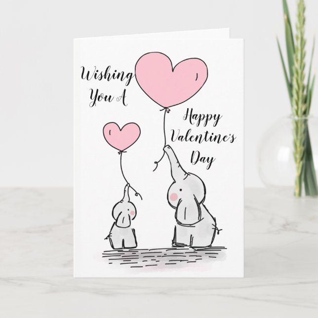 Tarjeta Festiva Elefantes fantasiosos "Feliz Día de San Valentín" (Anverso)