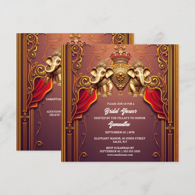 Tarjeta Festiva elefantes indios Hindi Hindu plum gold étnico (Anverso / Reverso)