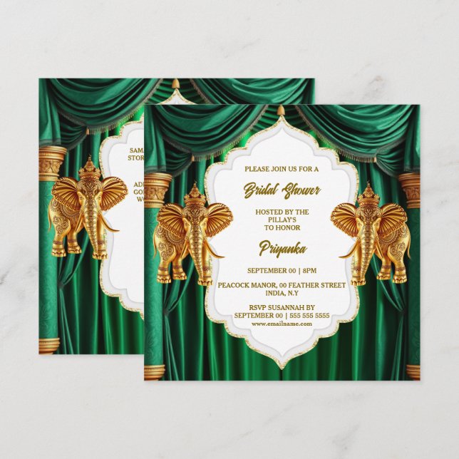 Tarjeta Festiva elefantes indios hindúes de oro verde esmeralda (Anverso / Reverso)