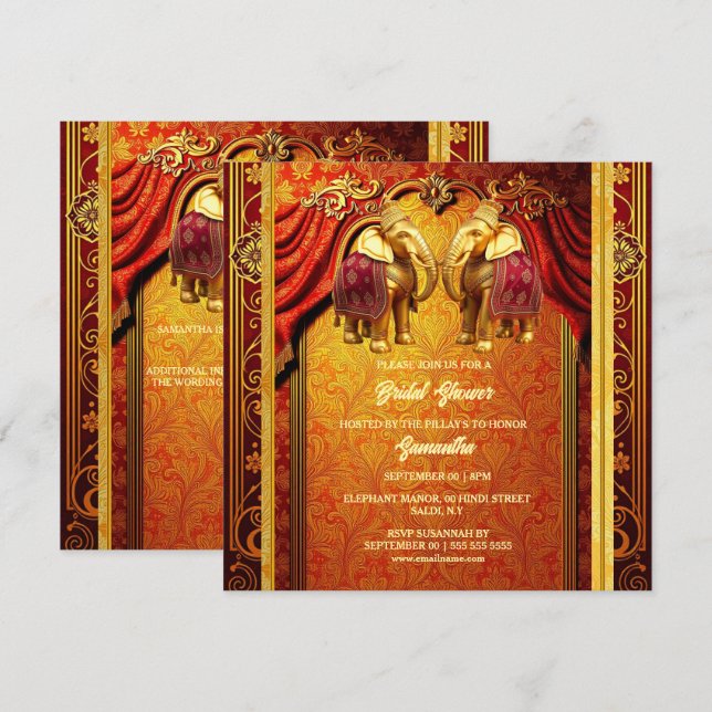 Tarjeta Festiva elefantes indios oro rojo henna novia lujosa (Anverso / Reverso)