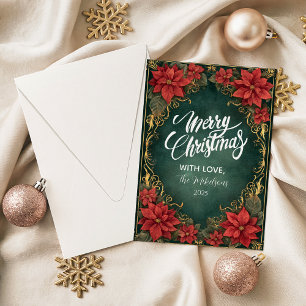 Tarjeta Festiva Elegancia de Nochebuena Poinsettia Dorada