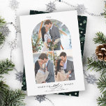 Tarjeta Festiva Elegant Arch Frame Married and Merry 3 Photo<br><div class="desc">Modern arch photo holiday card with decorative "and" script between 2 words and a winter greenery pattern on the back. For more advanced customization of this design,  please click the BLUE DESIGN TOOL BUTTON.</div>