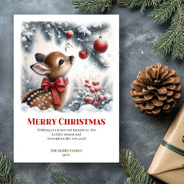 Tarjeta Festiva Elegant Baby Fawn Winter Scene Watercolor Xmas