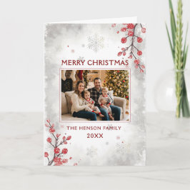 Tarjeta Festiva Elegant Berries Snowflakes Family Photo Christmas 