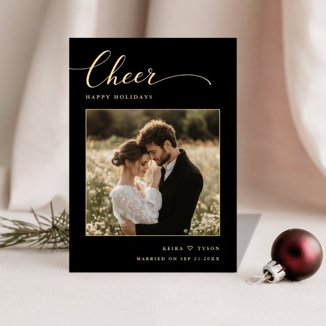 Tarjeta Festiva Elegant Black and Gold Cheer Photo Newlywed (Subido por el creador)