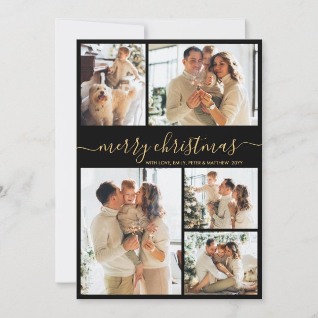 Tarjeta Festiva Elegant Black and Gold Script 5 Photo Christmas (Anverso)