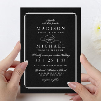 Tarjeta Festiva Elegant Black and White Modern Wedding Invitation