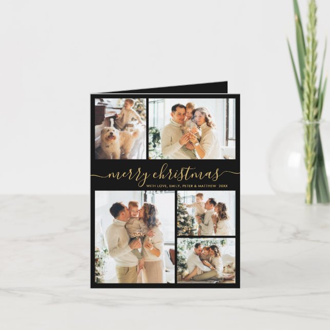 Tarjeta Festiva Elegant Black Gold 5 Photo Collage Christmas  (Anverso)