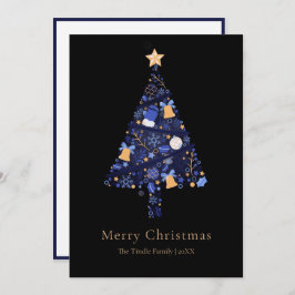 Tarjeta Festiva Elegant Black Gold Blue Script Christmas Tree