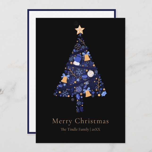 Tarjeta Festiva Elegant Black Gold Blue Script Christmas Tree (Anverso / Reverso)