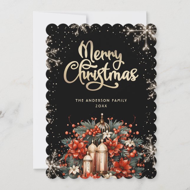 Tarjeta Festiva Elegant Black Gold Botanical Christmas Card (Anverso)