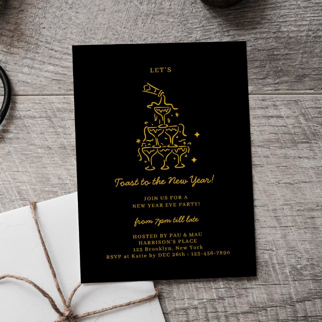 Tarjeta Festiva Elegant Black & Gold Champagne New Years Eve Party (Subido por el creador)