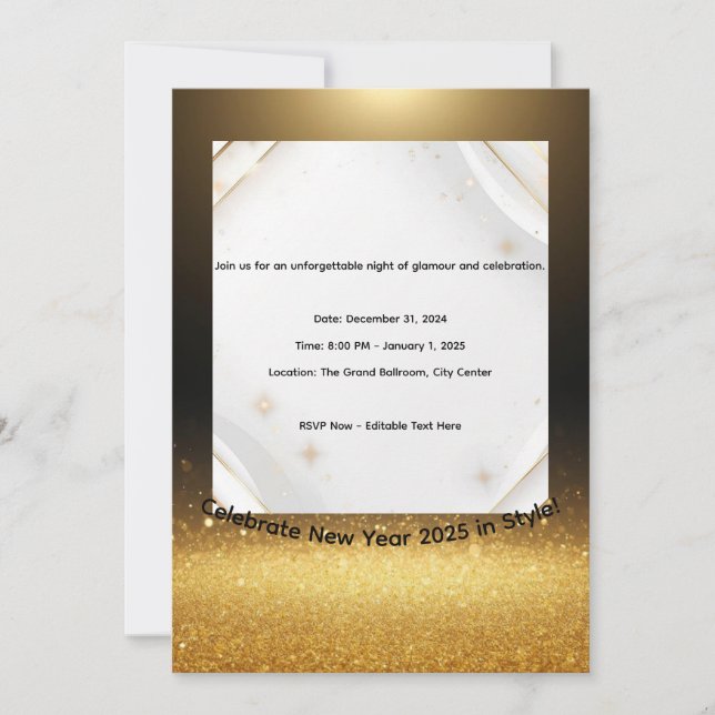 Tarjeta Festiva Elegant Black & Gold New Year 2025 Invitation  (Anverso)