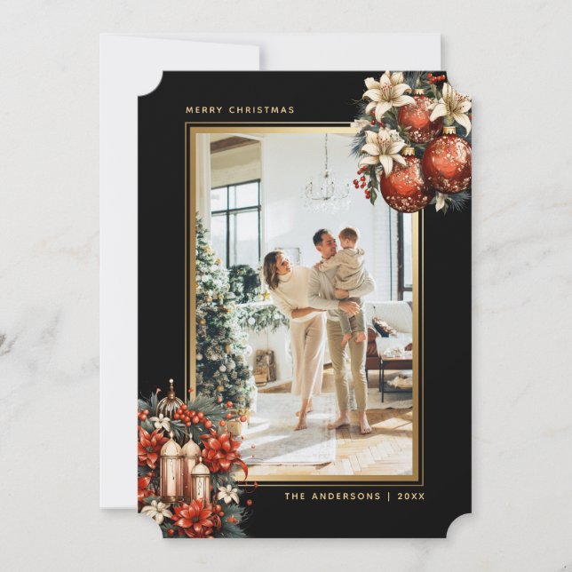 Tarjeta Festiva Elegant Black Gold Ornaments Photo Christmas (Anverso)