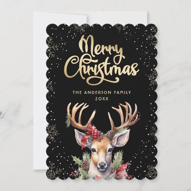 Tarjeta Festiva Elegant Black Gold Reindeer Christmas Card (Anverso)