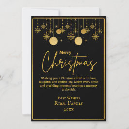 Tarjeta Festiva Elegant Black & Gold Snowflake Merry Christmas 