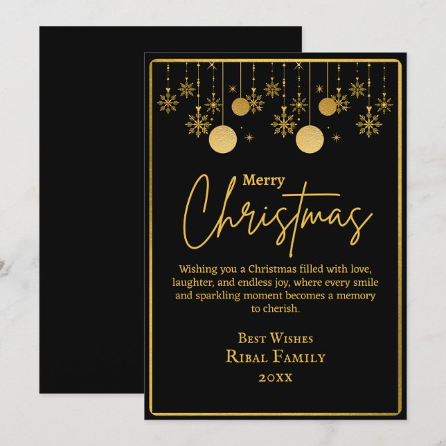 Tarjeta Festiva Elegant Black & Gold Snowflake Merry Christmas  (Anverso / Reverso)