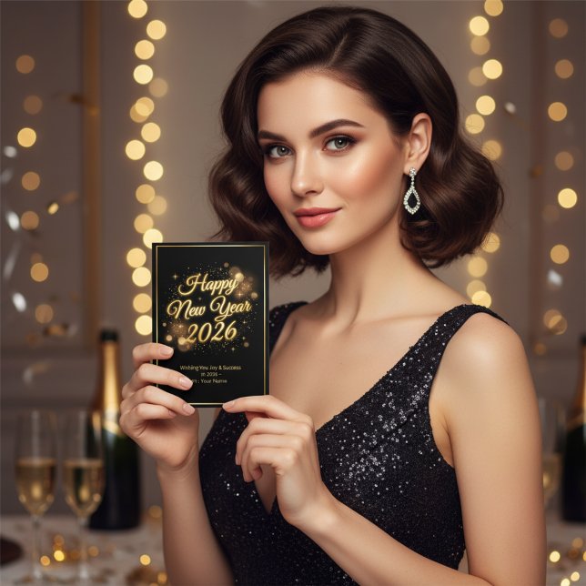 Tarjeta Festiva Elegant Black & Gold Sparkle Happy New Year 2026 (Subido por el creador)