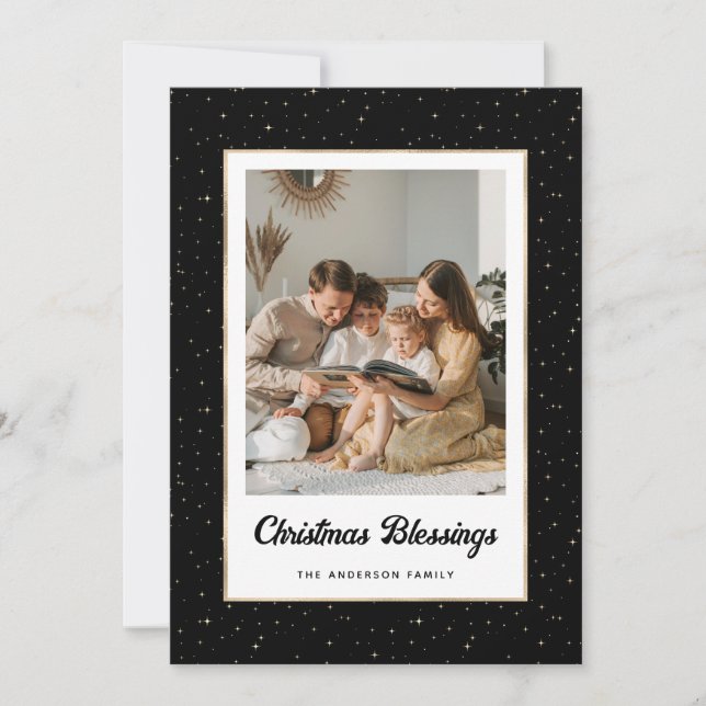 Tarjeta Festiva Elegant Black Gold Starry Photo (Anverso)